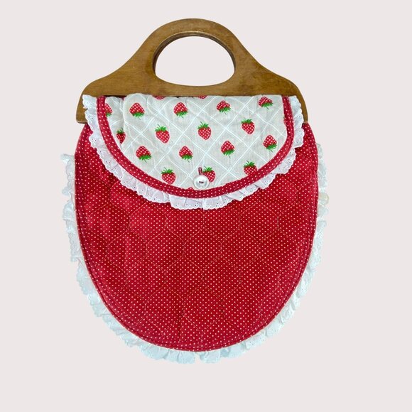 Vintage Wood Handle Placemat Handbag Red White Strawberries - Picture 1 of 10